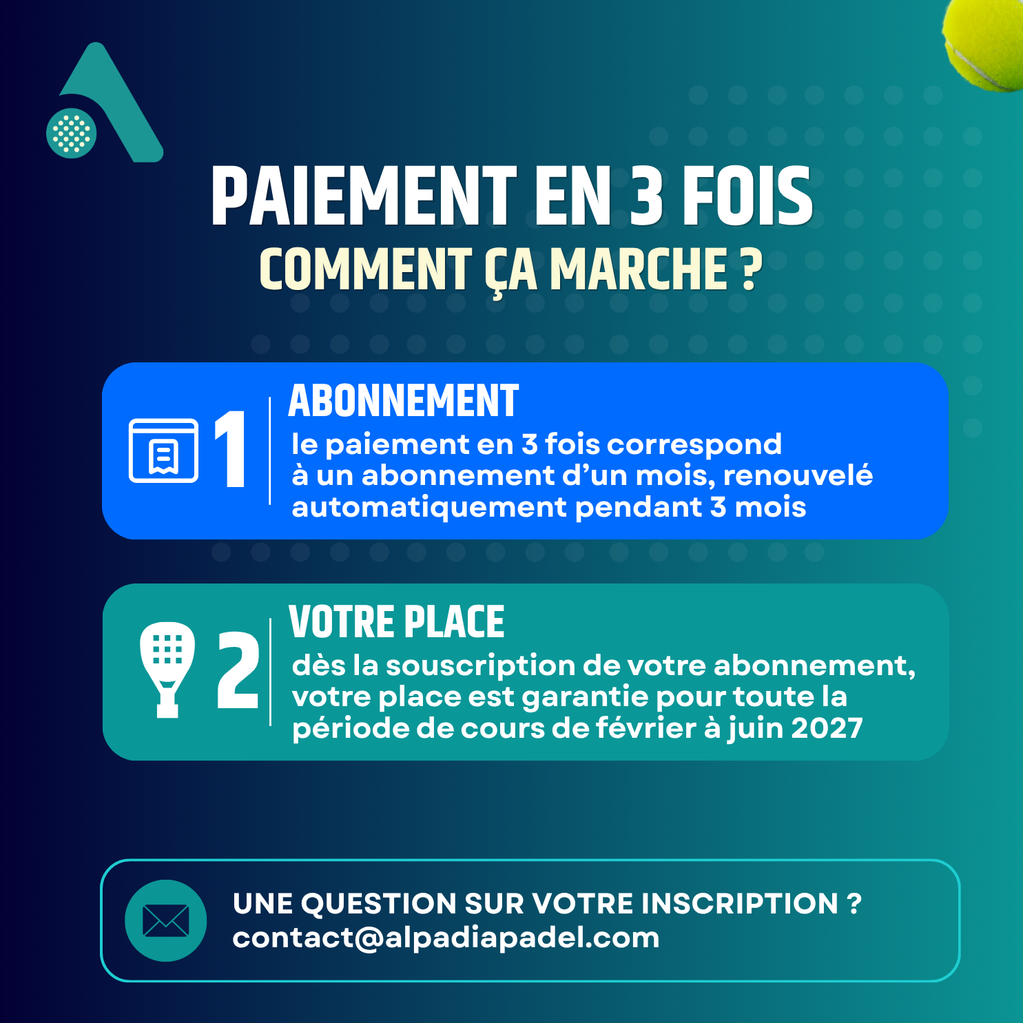 Étapes de l'inscription et du paiement en 3 fois Alpadia Padel